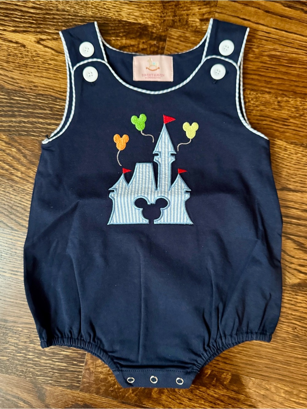 Navy Magic Kingdom Castle Embroidered Baby Romper- NWT- 12/18 Months